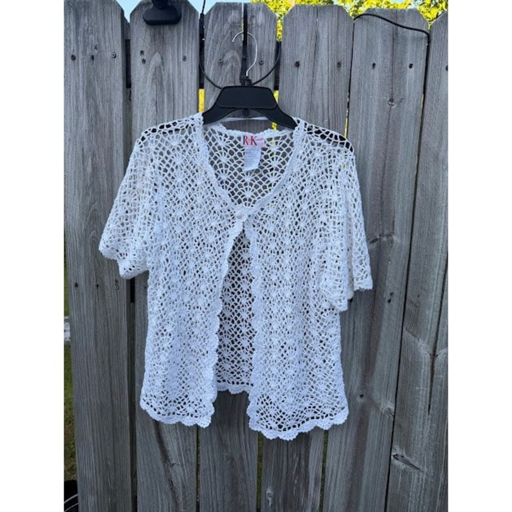 Coastal Grandmother R&K Originals White Crochet Knit Cardigan Large GUC - Picture 5 of 5